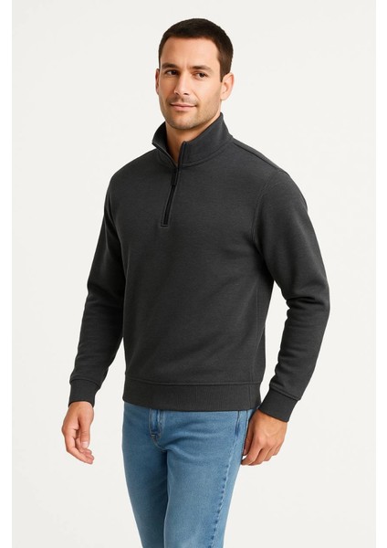 Erkek Dik Yaka Sweatshirt Dik Yaka Yarım Fermuarlı 3 Iplik Şardonlu Pamuk Kumaş - Antrasit