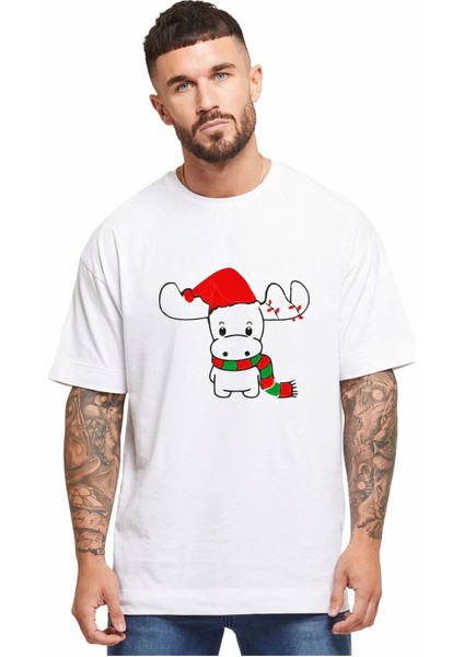 Ren Geyiği Baskılı Noel Için T-Shirt - Beyaz