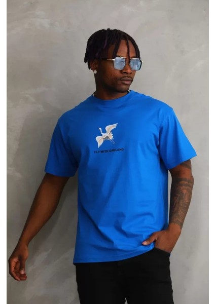 Unisex Baskılı Oversize T-Shirt - Mavi modelleri