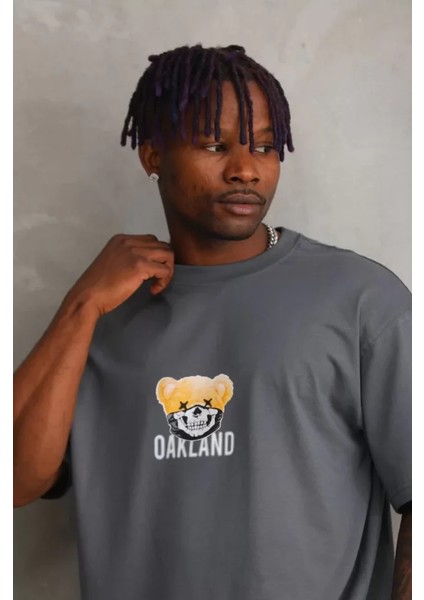 Unisex Baskılı Oversize T-Shirt - Füme