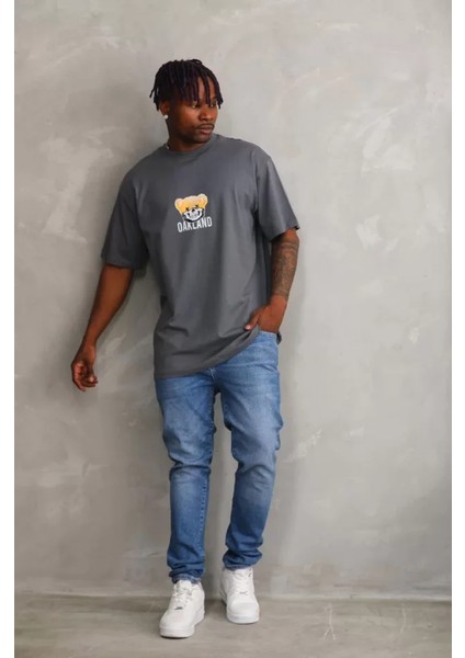 Unisex Baskılı Oversize T-Shirt - Füme modelleri