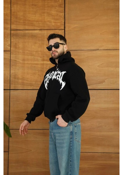 Erkek Kapüşonlu Sweatshirt Hoodie 3 Iplik Şardonlu Pamuklu Kumaş, Önü Baskılı, Fermuarlı fırsatları