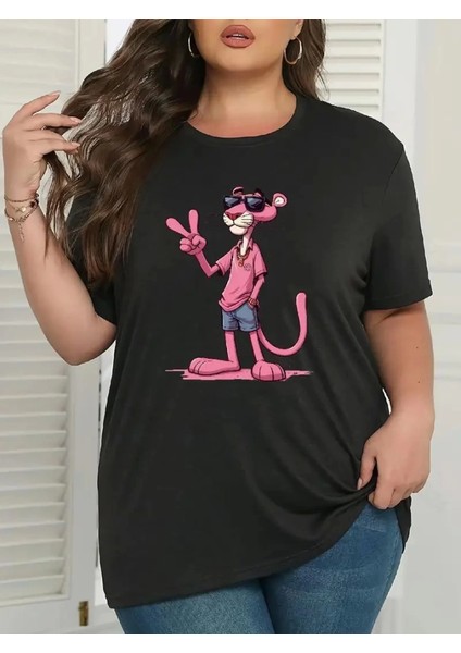 Pembe Panter Baskılı Oversize Bisiklet Yaka T-Shirt - Beyaz
