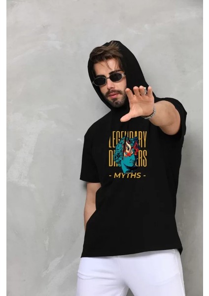 Unisex Kapşonlu Kolsuz Oversize Baskılı Tişört - Siyah