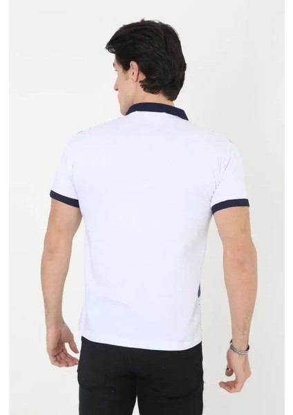 Erkek Yakalı Slim Fit Baskılı T-Shirt - Beyaz fiyatları