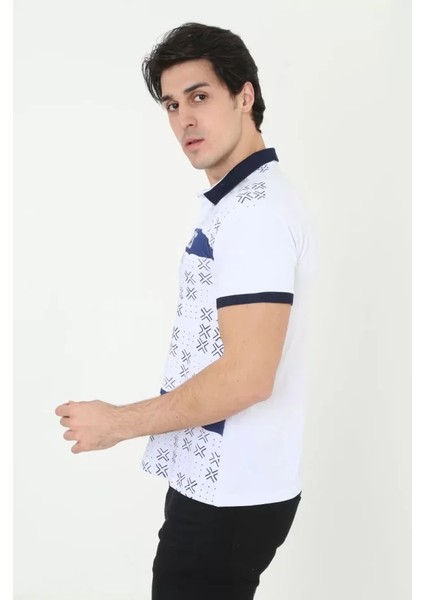 Erkek Yakalı Slim Fit Baskılı T-Shirt - Beyaz modelleri