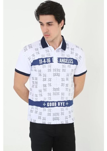 Erkek Yakalı Slim Fit Baskılı T-Shirt - Beyaz fırsatları