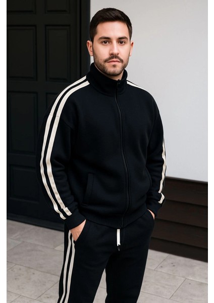 Erkek Çift Şeritli Eşofman Takım Dik Yaka Fermuarlı Sweatshirt Boru Paça Alt, Oversize 3 Iplik