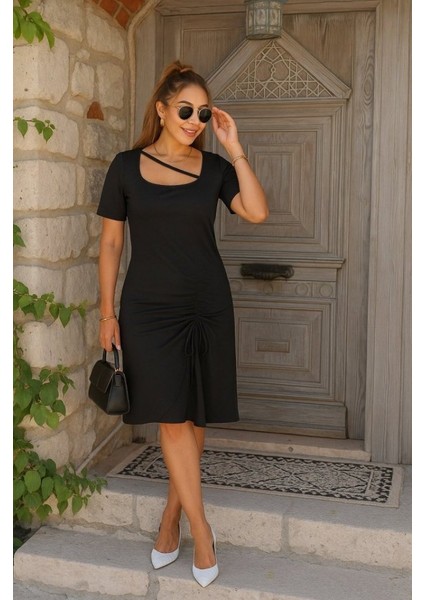 Kadın Kısa Kollu Kare Yakalı Ip Detaylı Janjan Krep Elbise