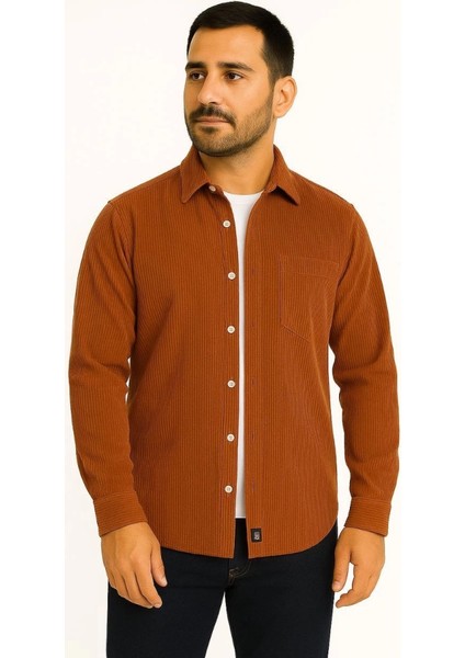 Erkek Fitilli Kadife Cepli Gömlek Oversize Rahat Kalıp - Kahverengi modelleri