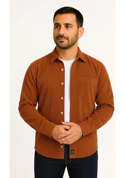 Erkek Fitilli Kadife Cepli Gömlek Oversize Rahat Kalıp - Kahverengi fırsatları