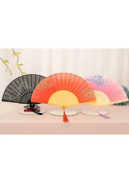 Siyah Zeminli El Yapımı Geleneksel Katlanabilir Şık Dekoratif Bambudan Yapılmış Çiçek Desenli El Yelpazesi (Kırmızı Zeminli, 21X38 Cm) fiyatları