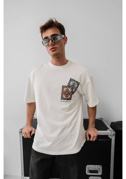 Erkek Baskılı Oversize T-Shirt - Beyaz