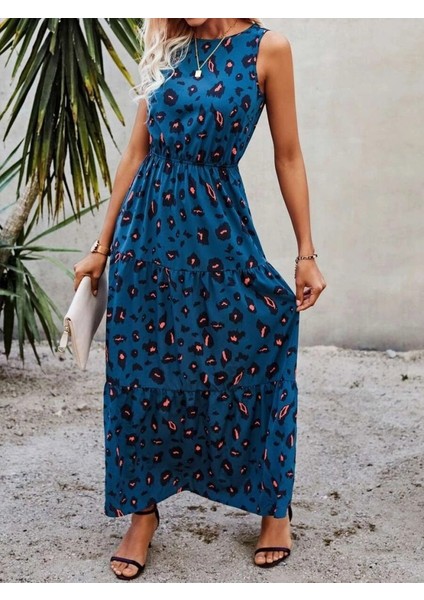 Kadın Kolsuz Bisiklet Yaka Beli Lastikli Desenli Süprem Elbise fiyatları