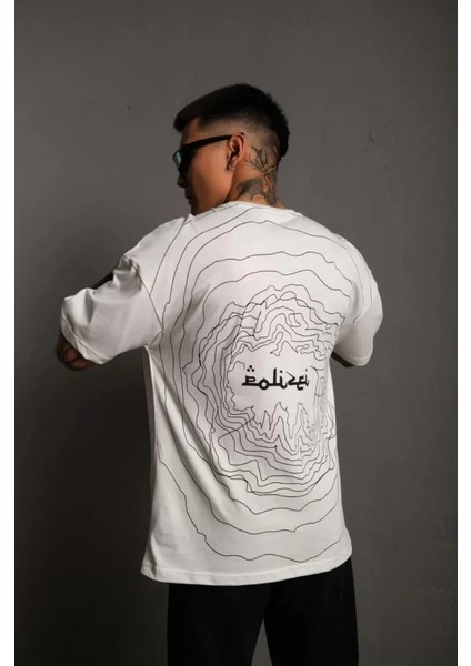 Erkek Bisiklet Yakalı Sırt Baskılı Oversize T-Shirt - Beyaz