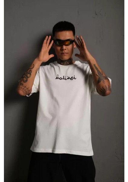 Erkek Bisiklet Yakalı Sırt Baskılı Oversize T-Shirt - Beyaz fiyatları