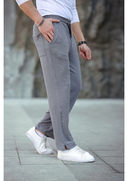 Erkek Paça Yırtmaçlı Burgu Selanik Dokulu Jogger Buggy Pantalon Rahat Kalıp - Gri
