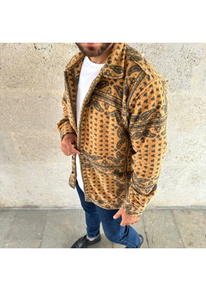 Erkek Desenli Düğmeli Polar Gömlek – Hardal Paisley Desen Yakalı, Uzun Kollu, Oversize Rahat K fırsatları
