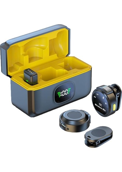 Yaka Mikrofonu Çift Mikrofon Klipsli Mikrofonlar Gürültü Azaltma Gecikme Yok Düğmesi Disk Şeklinde Kablolu Mikrofon Dijital Ekran Cep Telefonu Için Şarj Kutusu Canlı Yayın Kaydı Tak ve