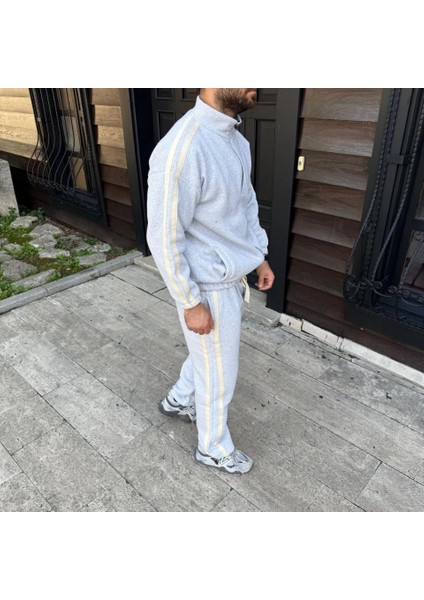 Erkek Çift Şeritli Eşofman Takım Dik Yaka Fermuarlı Sweatshirt Boru Paça Alt, Oversize 3 Iplik modelleri