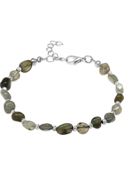 Gümüş Renk Metal Zincirli Dorika Top Süslemeli Amorf Labradorit Doğaltaş Erkek Bileklik