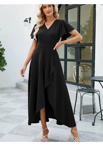 Kadın Kısa Kollu Kruvaze Yakalı Önden Volanlı Çapraz Kesim Detaylı Maksi Boy Ithal Krep Elbis fırsatları