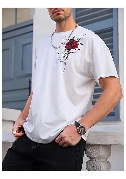 Erkek Bisiklet Yaka Kısa Kol Baskılı T-Shirt - Beyaz modelleri