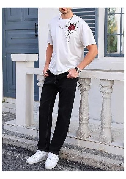 Erkek Bisiklet Yaka Kısa Kol Baskılı T-Shirt - Beyaz fırsatları