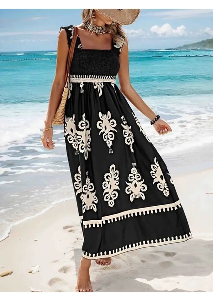 Kadın Askılı Kare Yaka Gipe Detaylı Desenli Suprem Elbise fiyatları