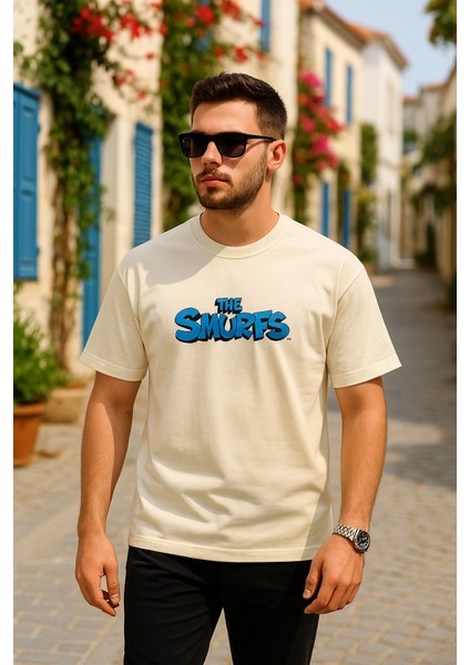 Ön ve Arka Baskılı Oversize Bisiklet Yaka T-Shirt- Beyaz