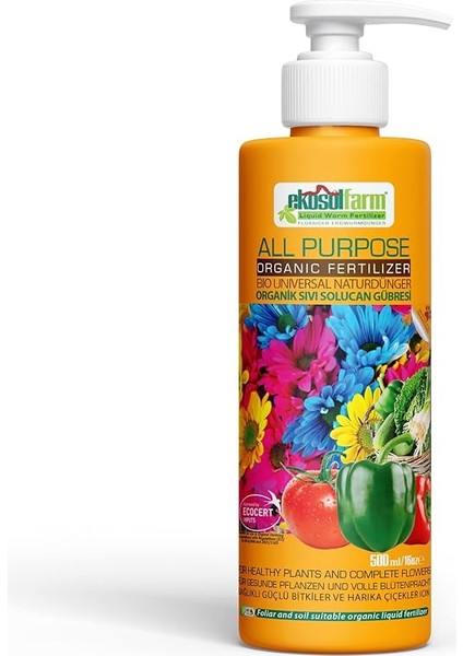 Sıvı Solucan Gübresi, Ev Bitkileri, Çiçekli Bitkiler, Meyve ve Sebzeler Için Üniversal Organik Sıvı Gübre Organik Sertifikalı, 500 ml
