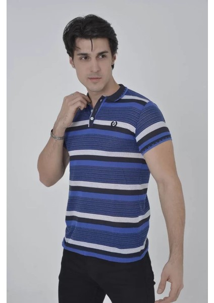Erkek Yakalı Slim Fit Dokuma Çizgili T-Shirt - Mavi fiyatları