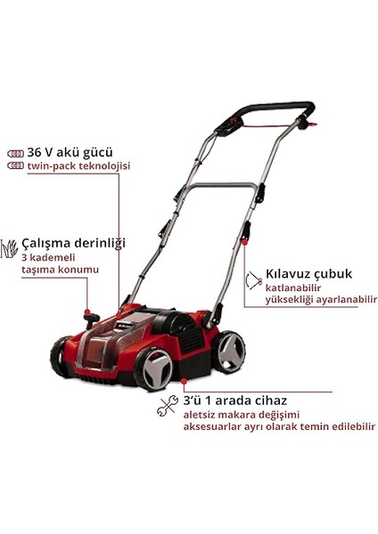 Akülü Çim Havalandırma Ge-Sc 36/35 Li-Solo Power X-Change (36V, 35 cm Çalışma Genişliği, Kömürsüz Motor, 16 Bıçaklı Bıçak Silindiri, Çift Yuva, Akü Dahil Değildir) modelleri