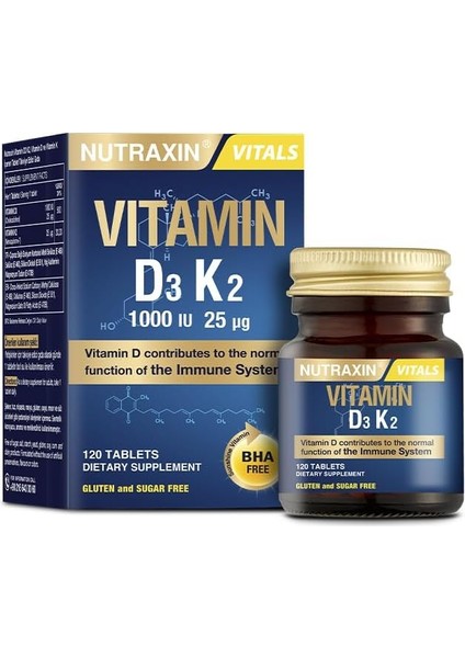 Nutraxin D3K2 120 Tablet - 1000 Iu D3 Vitamini, 25 Mcg K2 Vitamini