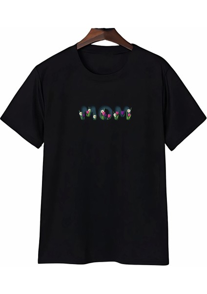 Anneler Gününe Özel Tasarım Mom Çiçek Baskılı T-Shirt - Siyah