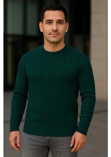 Erkek Bisiklet Yuvarlak Yaka Triko Kazak Pamuklu Kalın Fitilli Dokuma, Regular Fit Uzun Kollu Kış