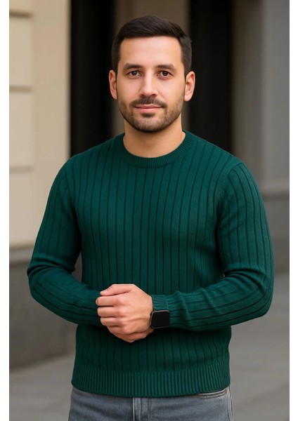 Erkek Bisiklet Yuvarlak Yaka Triko Kazak Pamuklu Kalın Fitilli Dokuma, Regular Fit Uzun Kollu Kış fiyatları