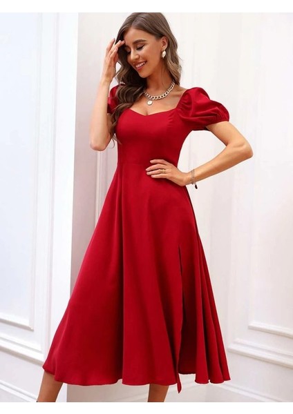 Kadın Kısa Kollu Kare Yakalı Yırtmaçlı Midi Janjan Krep Elbise indirimleri