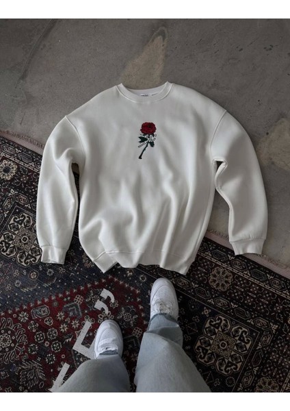 Unisex Bisiklet Yaka Ön ve Arka Baskılı Sweatshirt - Beyaz