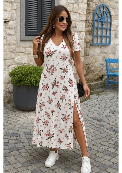 Kadın Kısa Kollu V Yakalı Maksi Boy Viskon Elbise