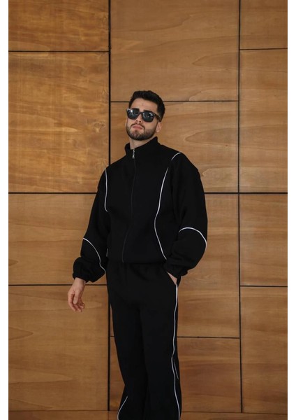 Erkek Premium Parçalı Eşofman Takım - Dik Yaka Fermuarlı Biyeli Sweatshirt Lastik Paça Alt, Ov