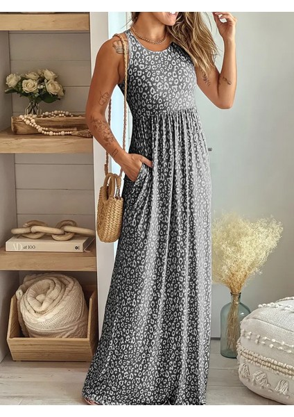 Kadın Kalın Askılı Yuvarlak Yaka Cepli Süprem Maksi Elbise modelleri