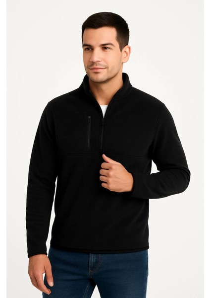 Erkek Polar Kazak – Dik Yaka, Yarım Fermuarlı, Fermuarlı Göğüs Cepli, Siyah Biyeli, Kışlı