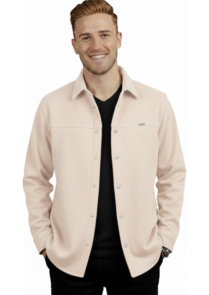 Erkek Krem Likralı Rahat Kalıp Cepsiz Kaşe Ceket – Çıt Çıtlı, Esnek Şık Model Ceket 0760