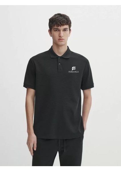 Yakası Düğmeli Yakalı Pike Baskılı T-Shirt - Beyaz