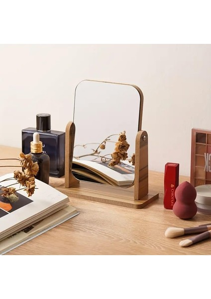 13X18 cm Ahşaptan 360 Derece Dönebilen Masaüstü Standlı Ayarlanabilir Makyaj Aynası Masaüstü Ahşap Ayna