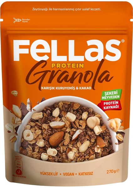 Fellas Protein Granola Karışık Kuruyemiş ve Kakao 270 gr modelleri