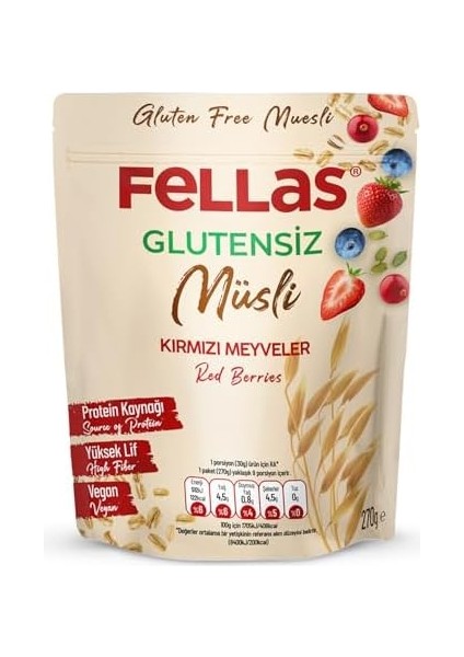 Fellas Glutensiz Müsli, Kırmızı Meyveli, 270GR fiyatları