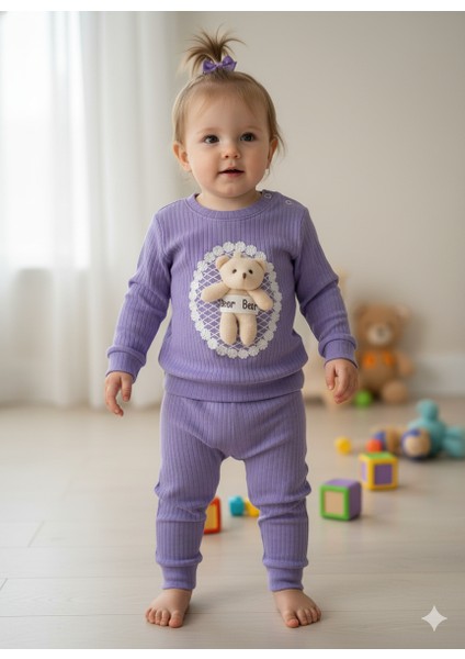 Sevimli Ayıcık Işlemeli Oyuncaklı Bebek Takımı Uzun Kolu Bebek Takım Bebek Giyim