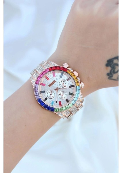 Clariss Trend Rose Metal Kordonlu Zirkon Taş Kaplama Renkli Taşlı Kasa Tasarımlı Lüx Kadın Kol Saati modelleri